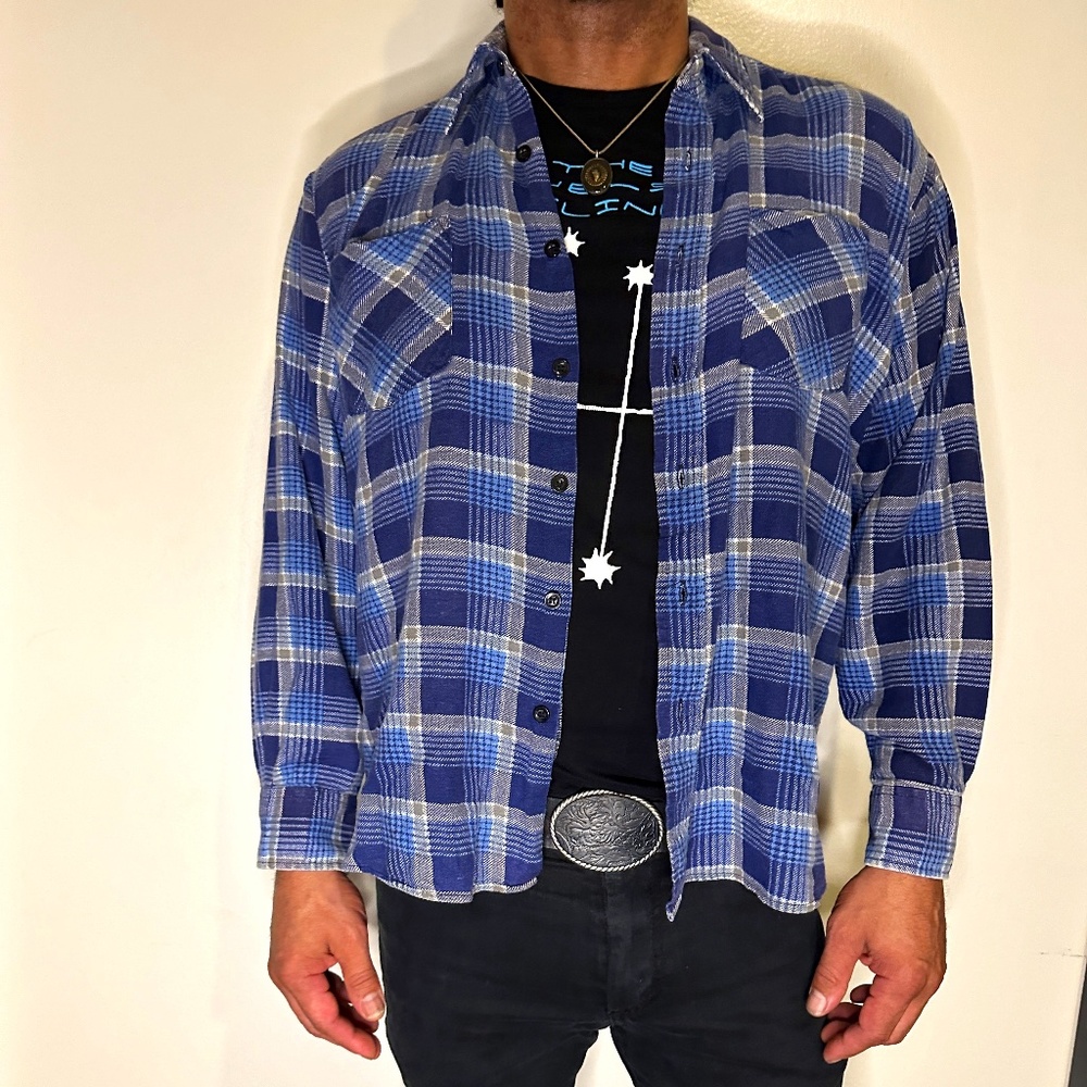 Vintage Saugatuck Flannel - large, blue/grey